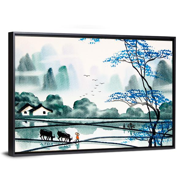Watercolor Sketch Of Peaceful Village Canvas Wall Art-3 Horizontal-Gallery Wrap-25" x 16"-Tiaracle