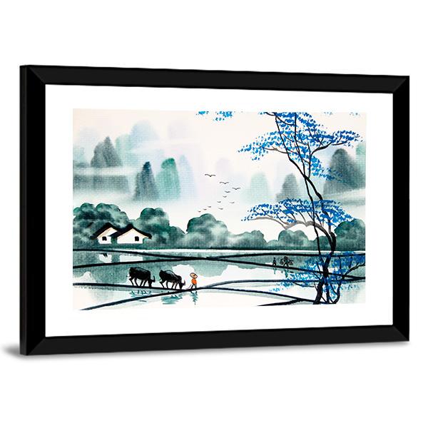 Watercolor Sketch Of Peaceful Village Canvas Wall Art-3 Horizontal-Gallery Wrap-25" x 16"-Tiaracle