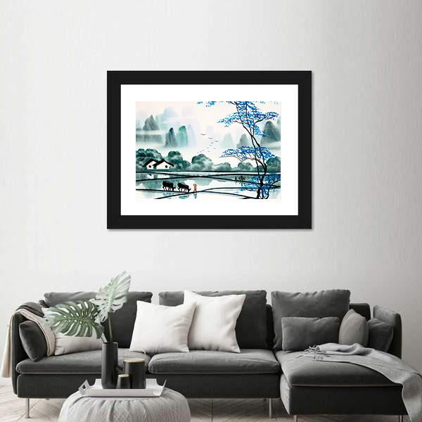 Watercolor Sketch Of Peaceful Village Canvas Wall Art-3 Horizontal-Gallery Wrap-25" x 16"-Tiaracle