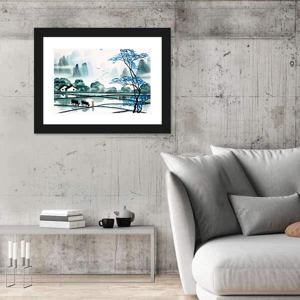 Watercolor Sketch Of Peaceful Village Canvas Wall Art-3 Horizontal-Gallery Wrap-25" x 16"-Tiaracle