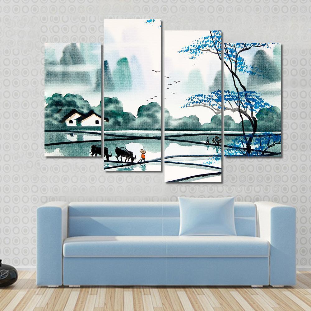 Watercolor Sketch Of Peaceful Village Canvas Wall Art-4 Pop-Gallery Wrap-50" x 32"-Tiaracle