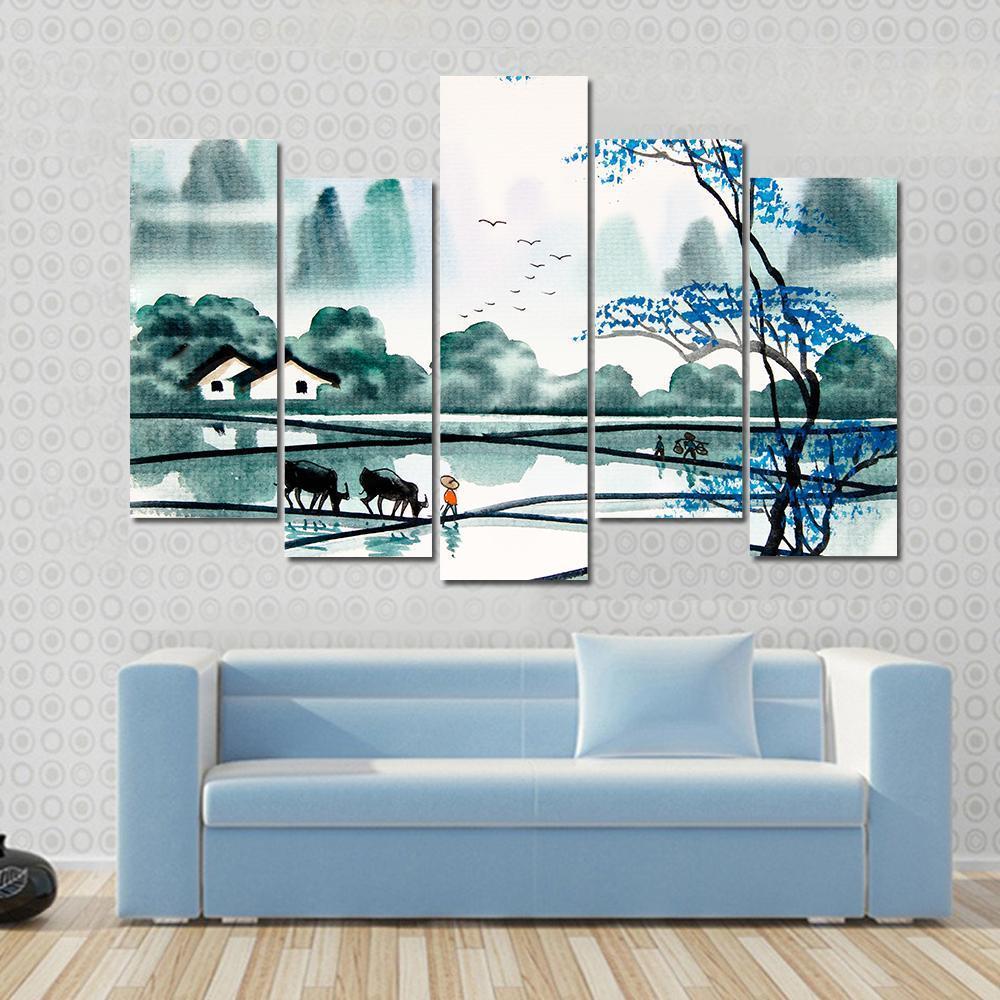 Watercolor Sketch Of Peaceful Village Canvas Wall Art-5 Pop-Gallery Wrap-47" x 32"-Tiaracle