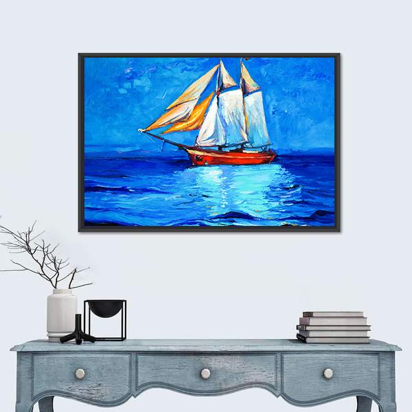 Watercolor Sketch Of Sail Ship And Sea Canvas Wall Art-1 Piece-Floating Frame-24" x 16"-Tiaracle