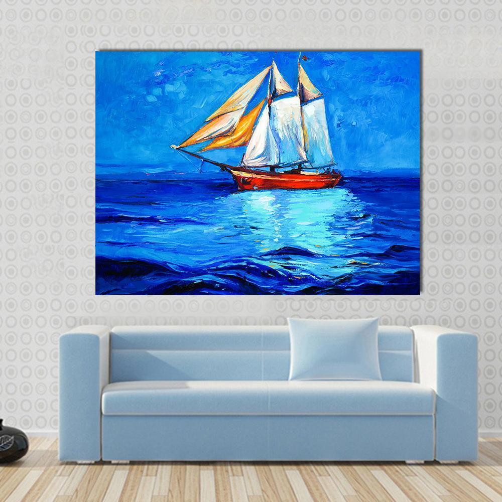 Watercolor Sketch Of Sail Ship And Sea Canvas Wall Art-1 Piece-Gallery Wrap-48" x 32"-Tiaracle