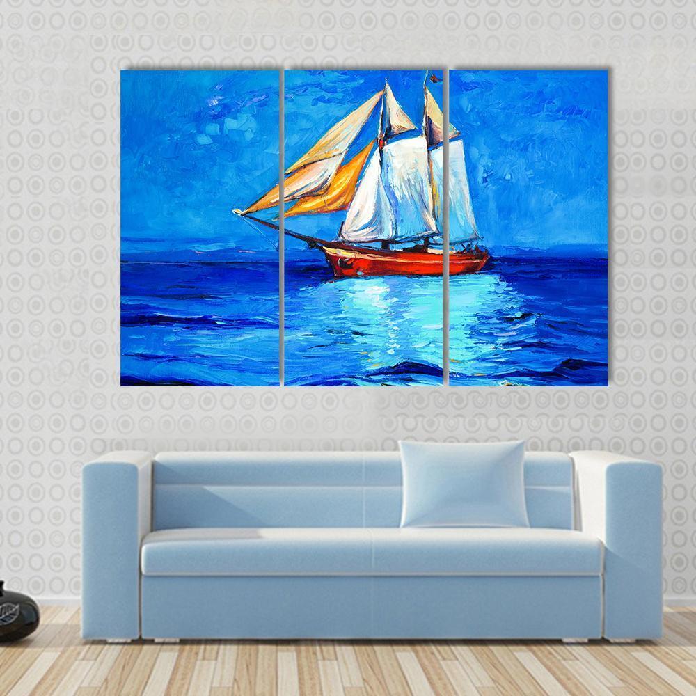 Watercolor Sketch Of Sail Ship And Sea Canvas Wall Art-3 Horizontal-Gallery Wrap-37" x 24"-Tiaracle