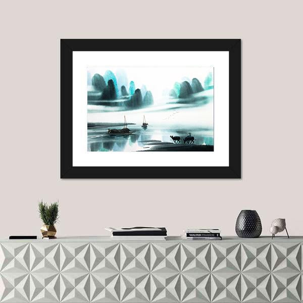 Watercolor Sketch Of Ships In Lake Canvas Wall Art-1 Piece-Framed Print-20" x 16"-Tiaracle