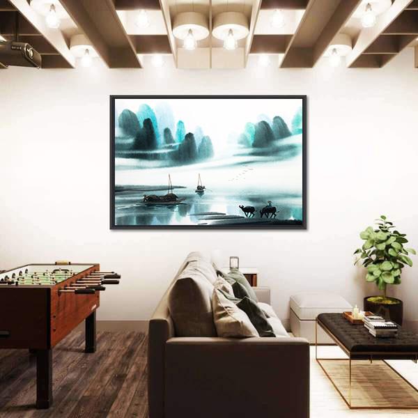 Watercolor Sketch Of Ships In Lake Canvas Wall Art-3 Horizontal-Gallery Wrap-25" x 16"-Tiaracle