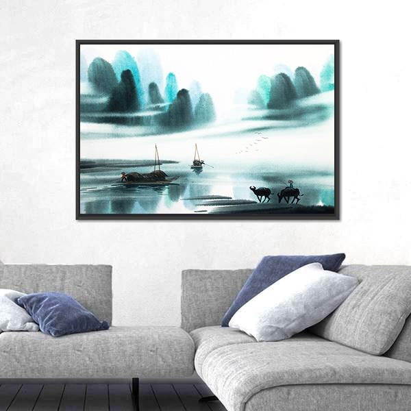 Watercolor Sketch Of Ships In Lake Canvas Wall Art-3 Horizontal-Gallery Wrap-25" x 16"-Tiaracle