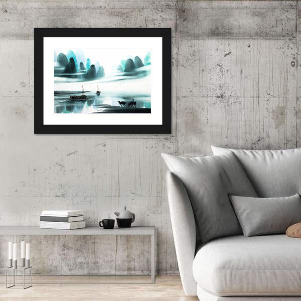 Watercolor Sketch Of Ships In Lake Canvas Wall Art-3 Horizontal-Gallery Wrap-25" x 16"-Tiaracle