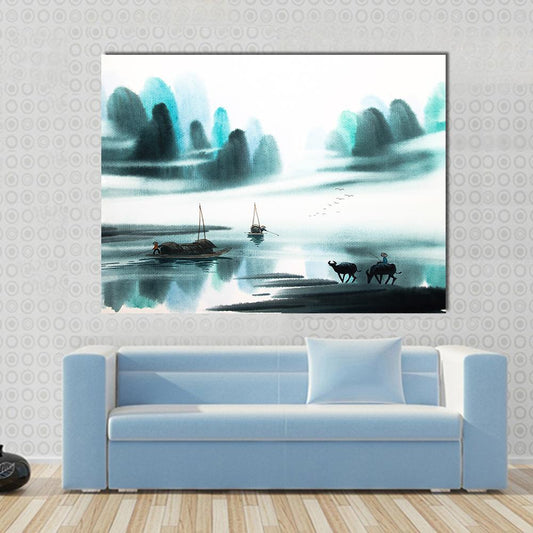 Watercolor Sketch Of Ships In Lake Canvas Wall Art-1 Piece-Gallery Wrap-48" x 32"-Tiaracle