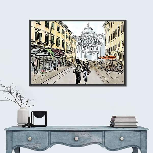 Watercolor Sketch Of Street In Pisa Canvas Wall Art-1 Piece-Floating Frame-24" x 16"-Tiaracle