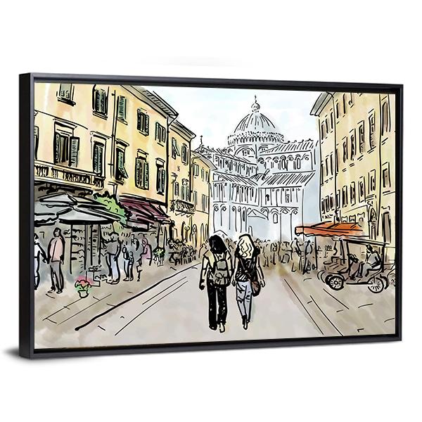 Watercolor Sketch Of Street In Pisa Canvas Wall Art-3 Horizontal-Gallery Wrap-25" x 16"-Tiaracle