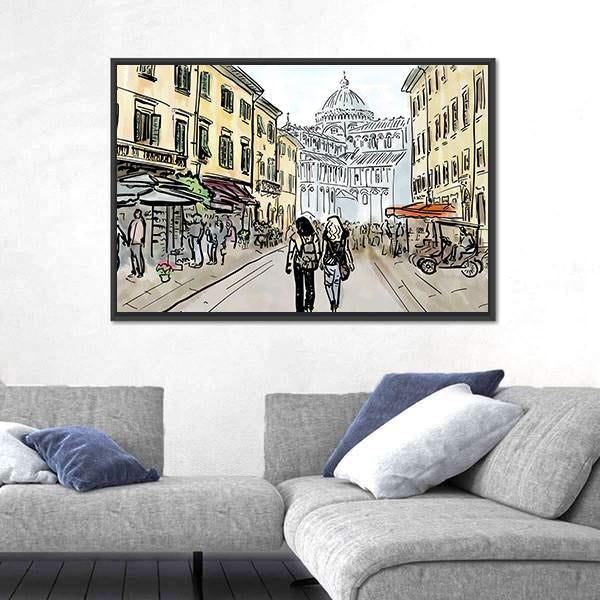 Watercolor Sketch Of Street In Pisa Canvas Wall Art-3 Horizontal-Gallery Wrap-25" x 16"-Tiaracle