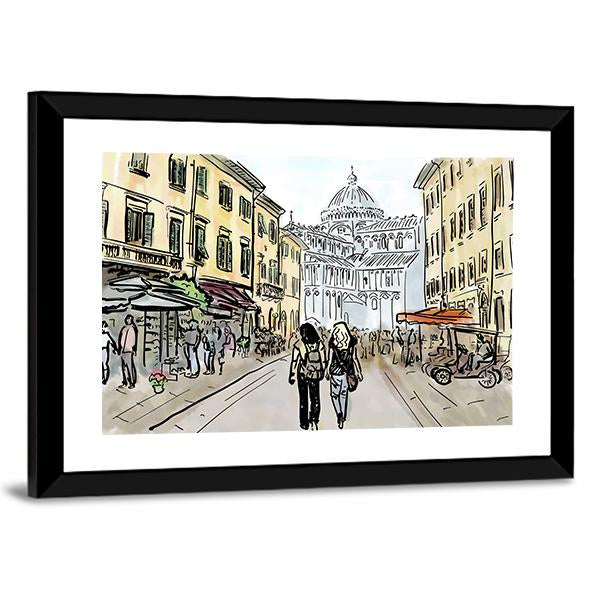 Watercolor Sketch Of Street In Pisa Canvas Wall Art-3 Horizontal-Gallery Wrap-25" x 16"-Tiaracle