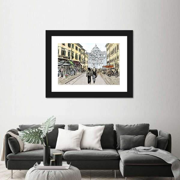 Watercolor Sketch Of Street In Pisa Canvas Wall Art-3 Horizontal-Gallery Wrap-25" x 16"-Tiaracle