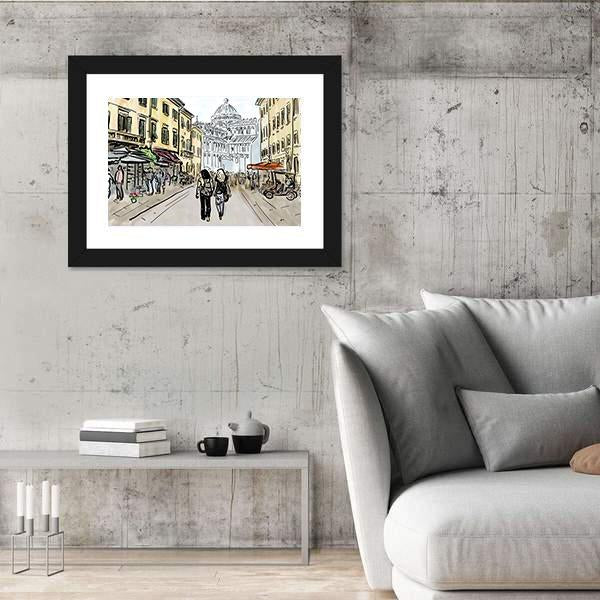 Watercolor Sketch Of Street In Pisa Canvas Wall Art-3 Horizontal-Gallery Wrap-25" x 16"-Tiaracle