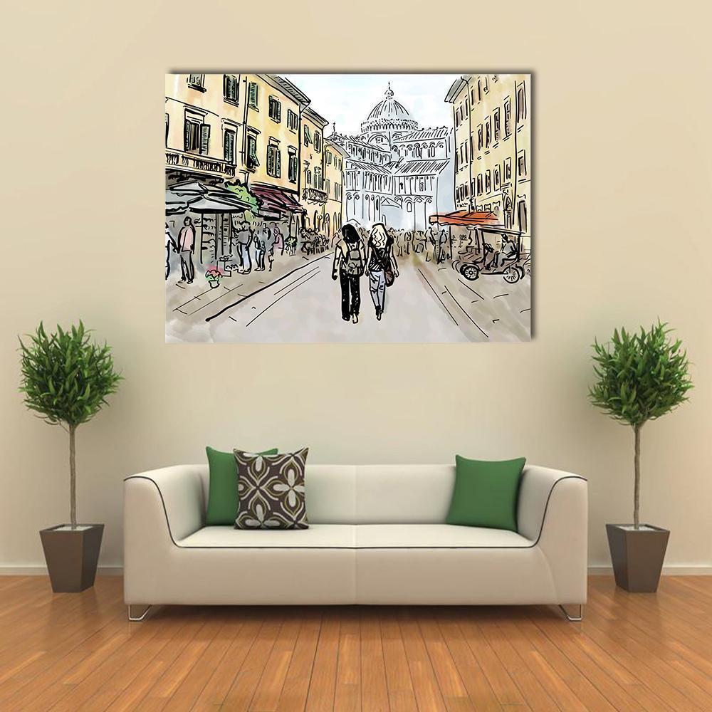 Watercolor Sketch Of Street In Pisa Canvas Wall Art-1 Piece-Gallery Wrap-48" x 32"-Tiaracle