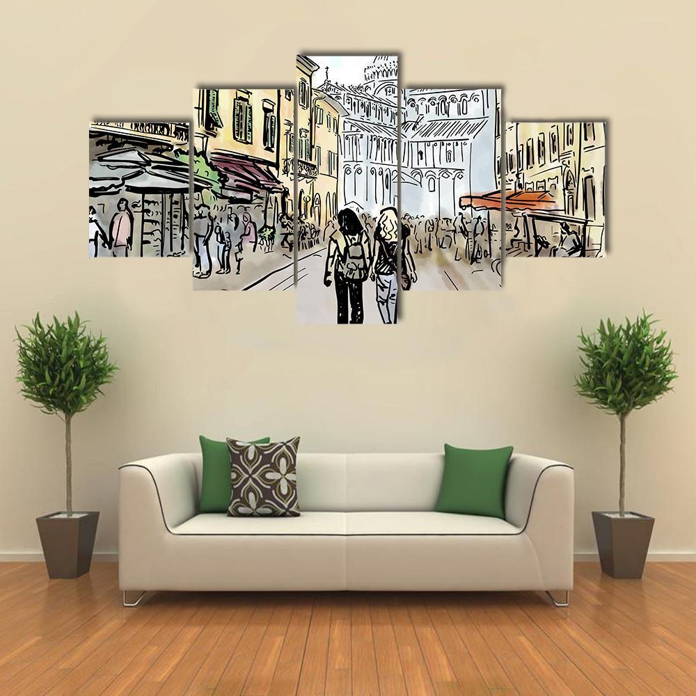 Watercolor Sketch Of Street In Pisa Canvas Wall Art-5 Star-Gallery Wrap-62" x 32"-Tiaracle