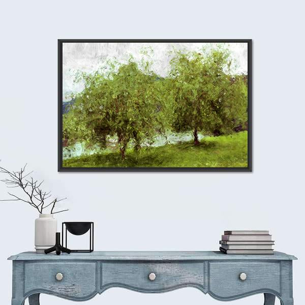 Watercolor Sketch Of Two Green Trees Canvas Wall Art-1 Piece-Floating Frame-24" x 16"-Tiaracle