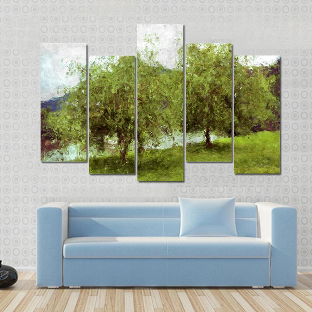 Watercolor Sketch Of Two Green Trees Canvas Wall Art-5 Pop-Gallery Wrap-47" x 32"-Tiaracle