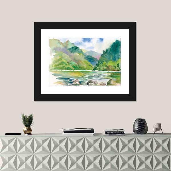 Watercolor Summer River Landscape Vector Canvas Wall Art-1 Piece-Framed Print-20" x 16"-Tiaracle