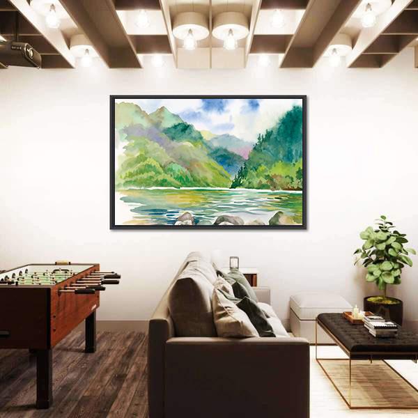 Watercolor Summer River Landscape Vector Canvas Wall Art-3 Horizontal-Gallery Wrap-25" x 16"-Tiaracle