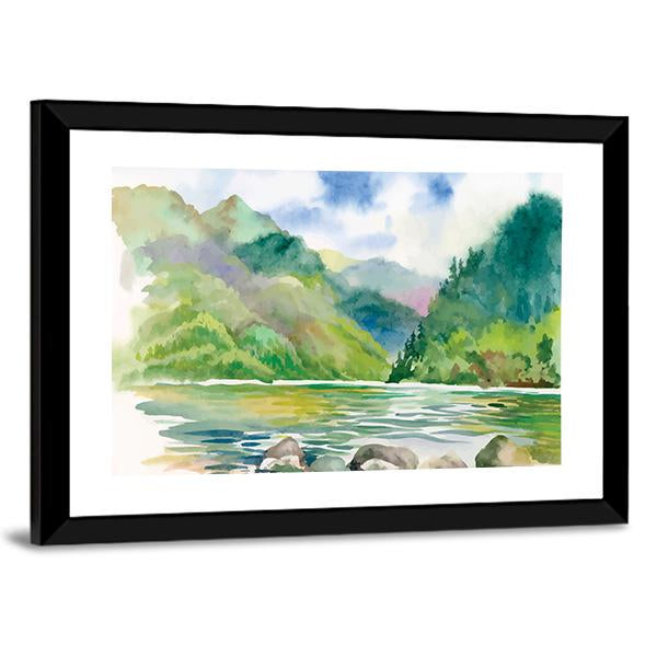Watercolor Summer River Landscape Vector Canvas Wall Art-3 Horizontal-Gallery Wrap-25" x 16"-Tiaracle