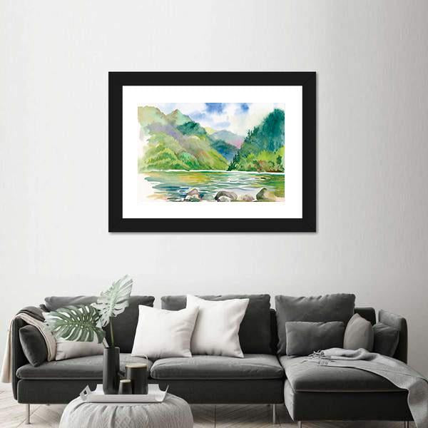 Watercolor Summer River Landscape Vector Canvas Wall Art-3 Horizontal-Gallery Wrap-25" x 16"-Tiaracle