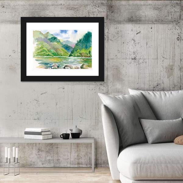 Watercolor Summer River Landscape Vector Canvas Wall Art-3 Horizontal-Gallery Wrap-25" x 16"-Tiaracle