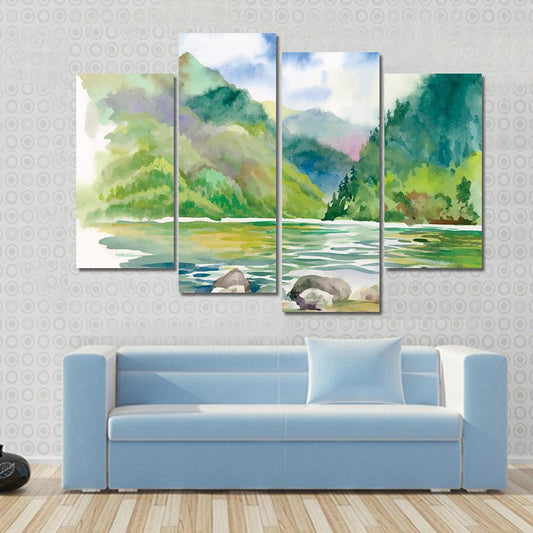 Watercolor Summer River Landscape Vector Canvas Wall Art-4 Pop-Gallery Wrap-50" x 32"-Tiaracle