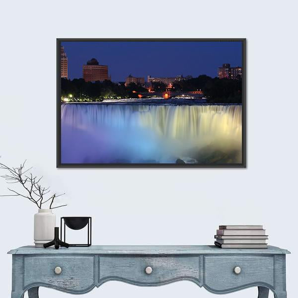 Waterfall With City At Night Above With Lights Canvas Wall Art-1 Piece-Floating Frame-24" x 16"-Tiaracle