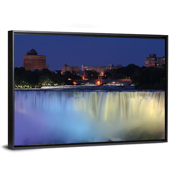 Waterfall With City At Night Above With Lights Canvas Wall Art-3 Horizontal-Gallery Wrap-25" x 16"-Tiaracle