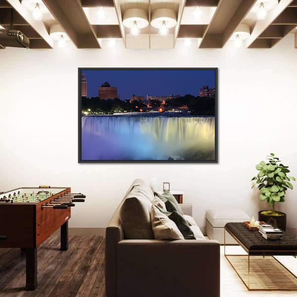 Waterfall With City At Night Above With Lights Canvas Wall Art-3 Horizontal-Gallery Wrap-25" x 16"-Tiaracle