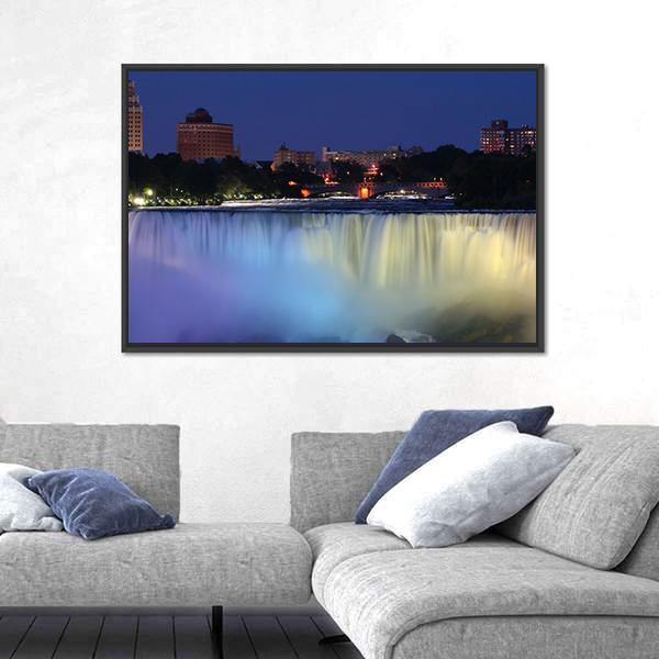 Waterfall With City At Night Above With Lights Canvas Wall Art-3 Horizontal-Gallery Wrap-25" x 16"-Tiaracle