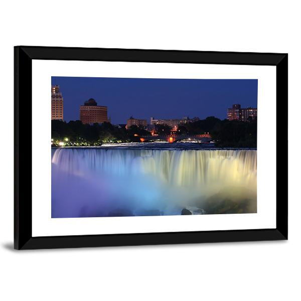 Waterfall With City At Night Above With Lights Canvas Wall Art-3 Horizontal-Gallery Wrap-25" x 16"-Tiaracle