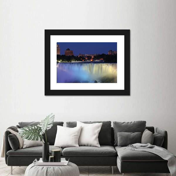 Waterfall With City At Night Above With Lights Canvas Wall Art-3 Horizontal-Gallery Wrap-25" x 16"-Tiaracle