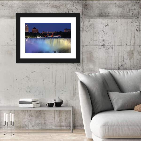 Waterfall With City At Night Above With Lights Canvas Wall Art-3 Horizontal-Gallery Wrap-25" x 16"-Tiaracle