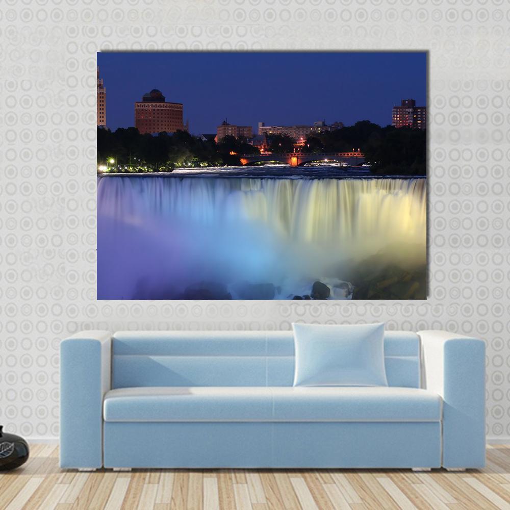 Waterfall With City At Night Above With Lights Canvas Wall Art-1 Piece-Gallery Wrap-48" x 32"-Tiaracle