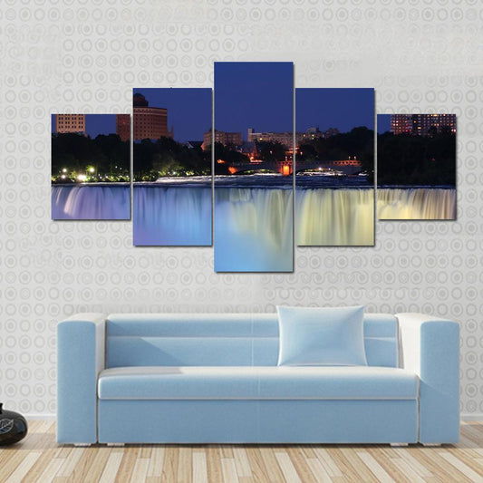 Waterfall With City At Night Above With Lights Canvas Wall Art-5 Star-Gallery Wrap-62" x 32"-Tiaracle