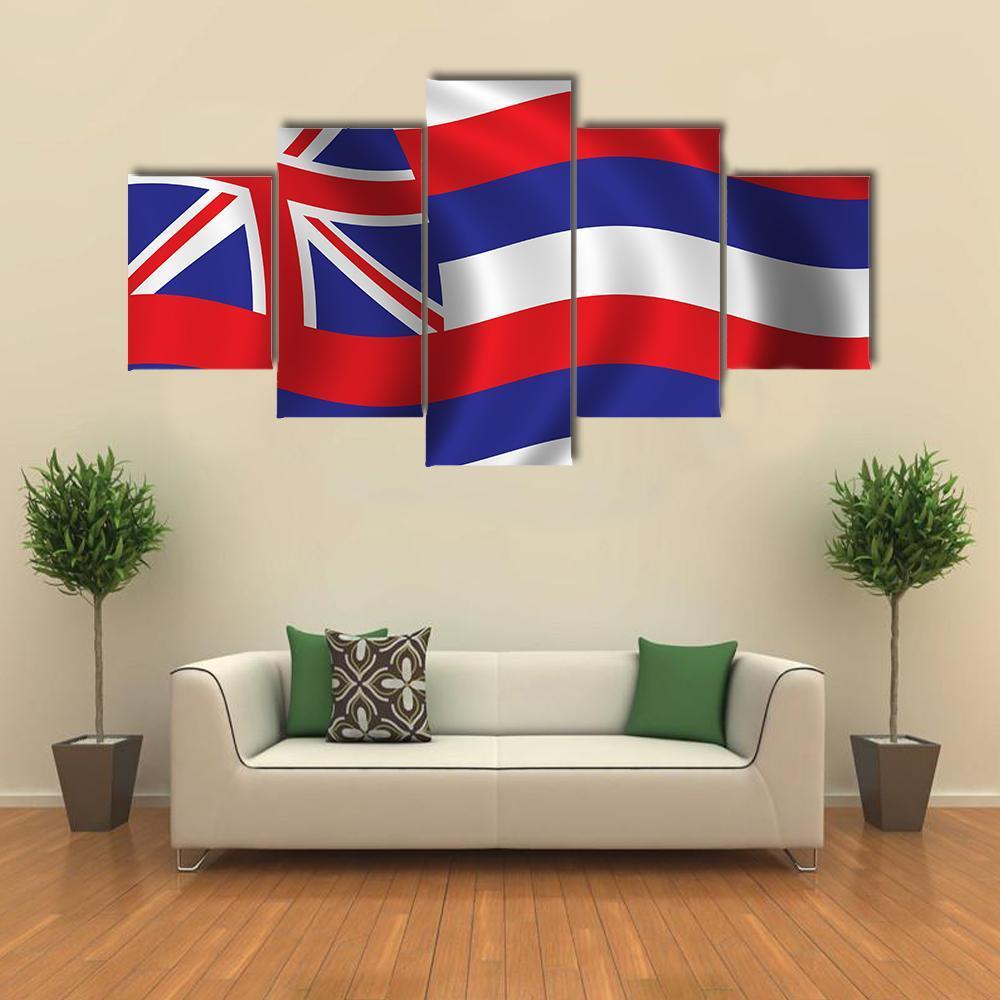 Waving Flag Of Hawaii Canvas Wall Art-5 Star-Gallery Wrap-62" x 32"-Tiaracle