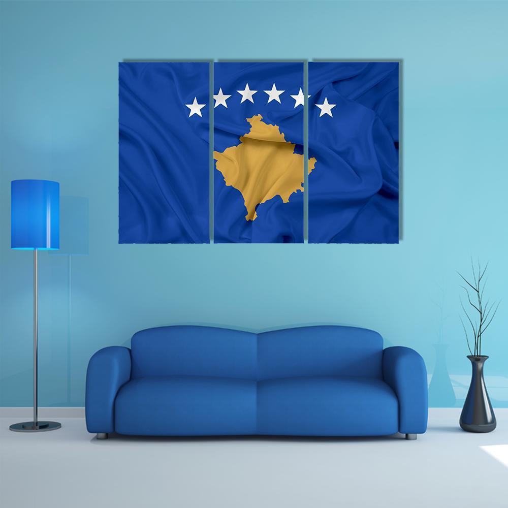 Waving Flag Of Kosovo Canvas Wall Art-3 Horizontal-Gallery Wrap-37" x 24"-Tiaracle