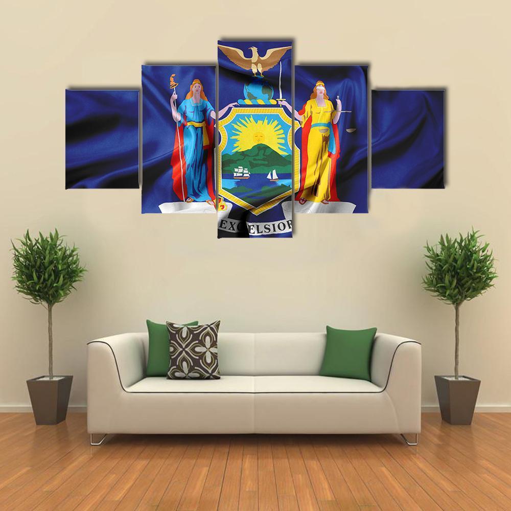 Waving Flag Of New York Canvas Wall Art-5 Star-Gallery Wrap-62" x 32"-Tiaracle