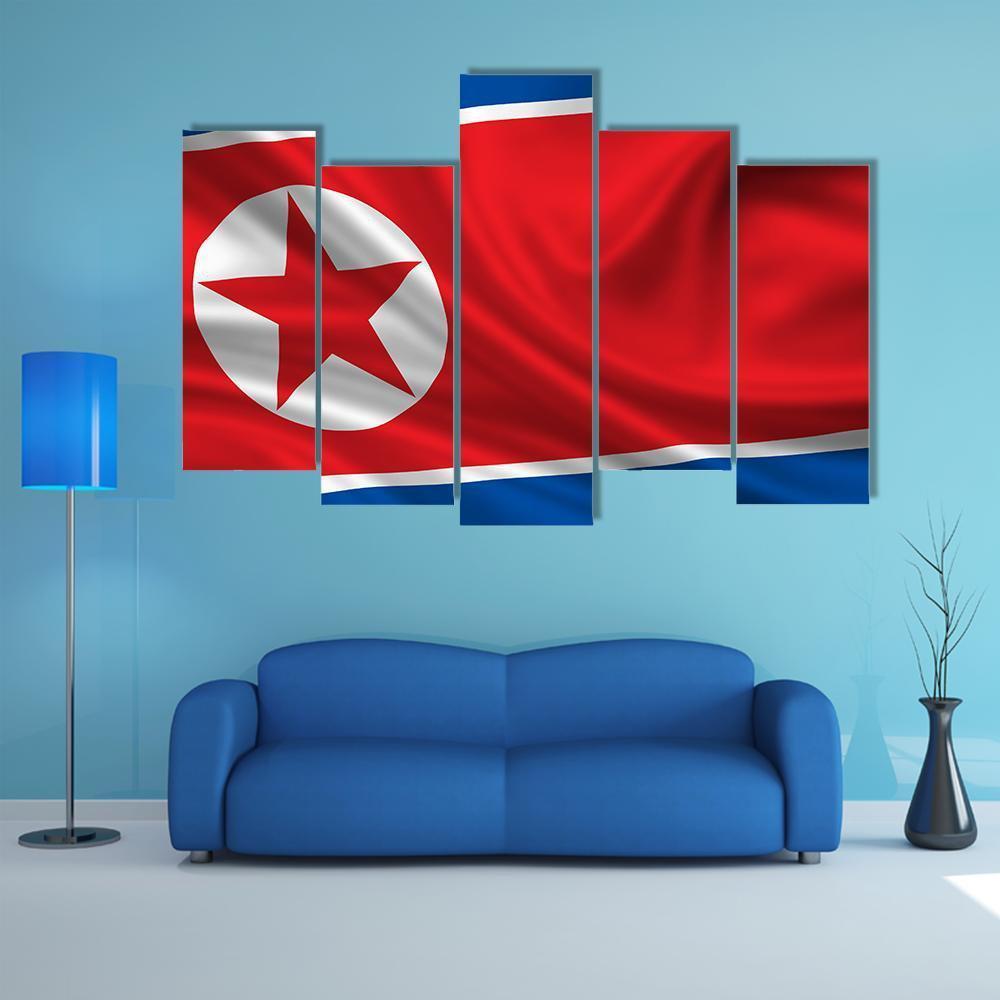 Waving Flag Of North Korea Canvas Wall Art-5 Pop-Gallery Wrap-47" x 32"-Tiaracle