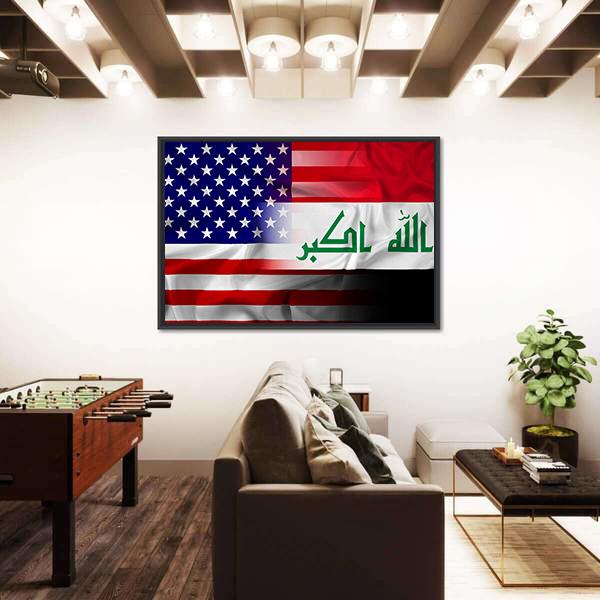 Waving Iraq And USA Flag Canvas Wall Art-3 Horizontal-Gallery Wrap-25" x 16"-Tiaracle