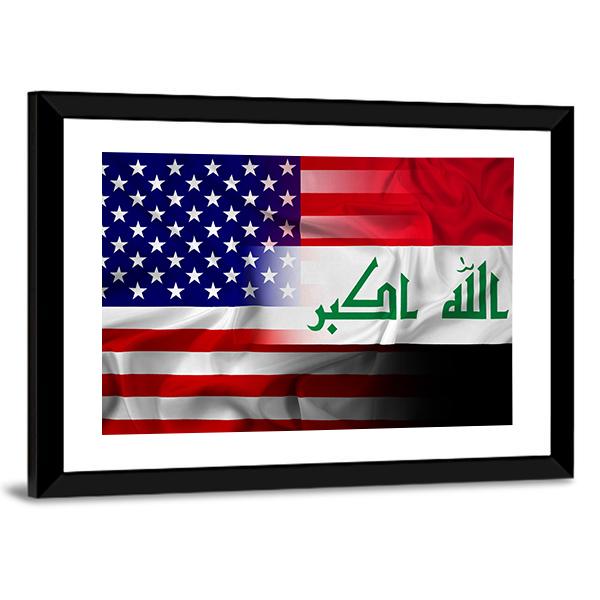 Waving Iraq And USA Flag Canvas Wall Art-3 Horizontal-Gallery Wrap-25" x 16"-Tiaracle