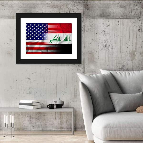 Waving Iraq And USA Flag Canvas Wall Art-3 Horizontal-Gallery Wrap-25" x 16"-Tiaracle