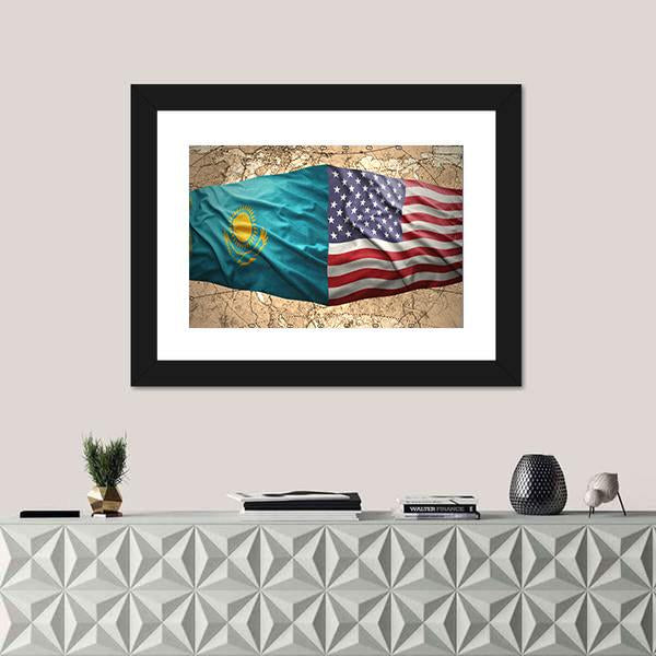 Waving Kazakh And American Flags Canvas Wall Art-1 Piece-Framed Print-20" x 16"-Tiaracle