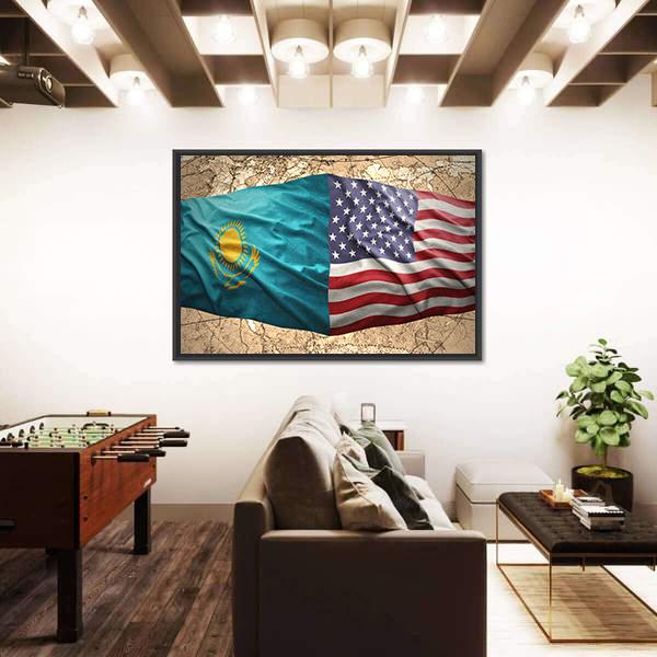 Waving Kazakh And American Flags Canvas Wall Art-3 Horizontal-Gallery Wrap-25" x 16"-Tiaracle