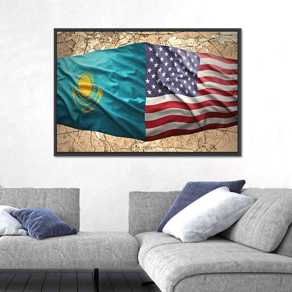 Waving Kazakh And American Flags Canvas Wall Art-3 Horizontal-Gallery Wrap-25" x 16"-Tiaracle