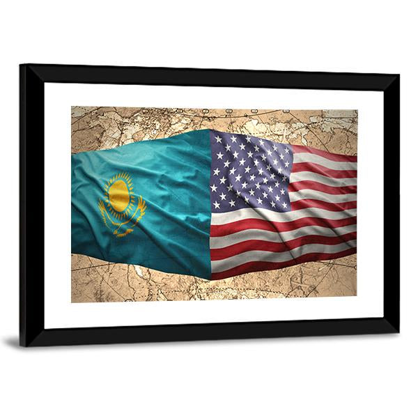 Waving Kazakh And American Flags Canvas Wall Art-3 Horizontal-Gallery Wrap-25" x 16"-Tiaracle